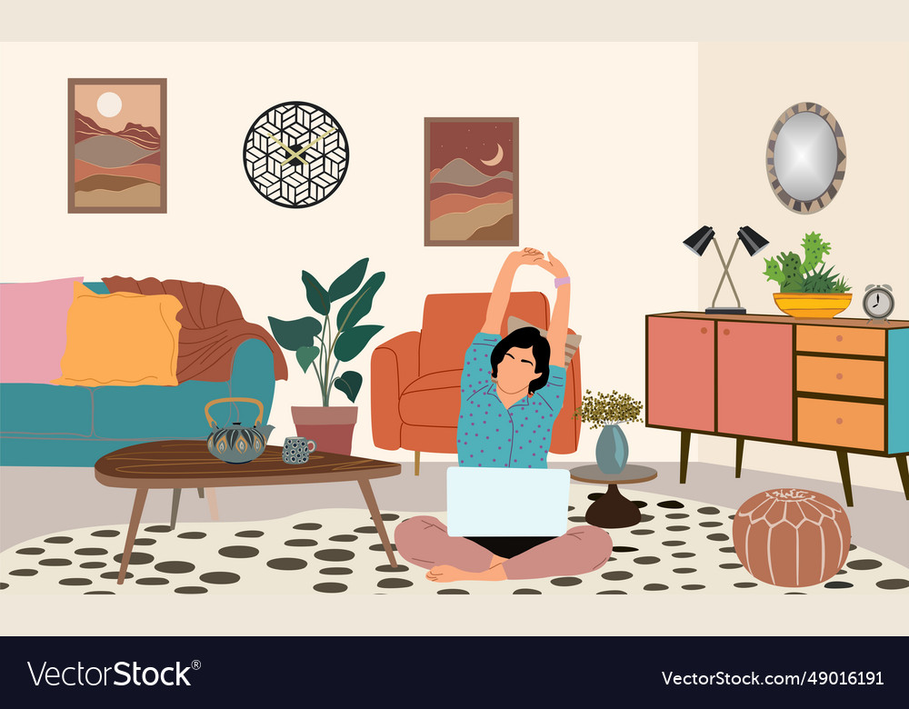 Freelancer girl with laptop in comfortable room