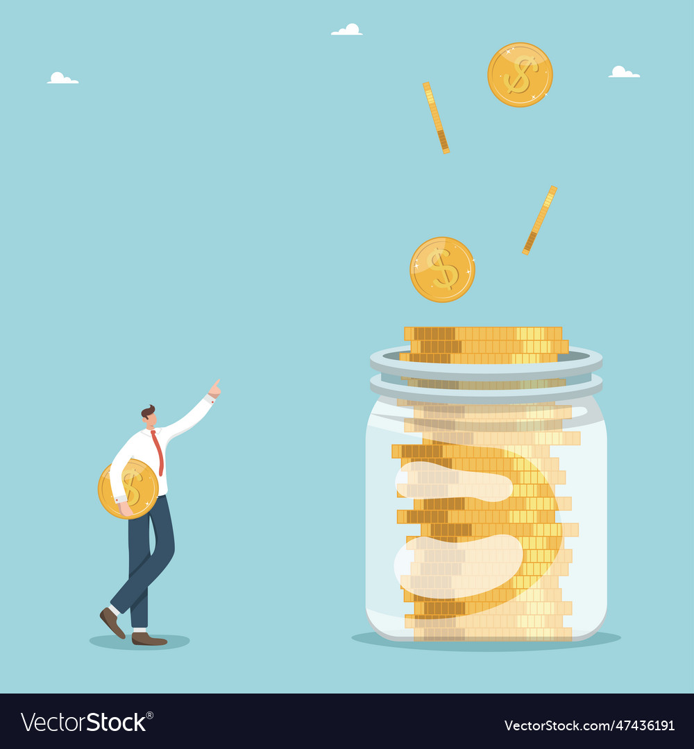 Man with a coin points to jar Vector Image Man with a coin points to jar