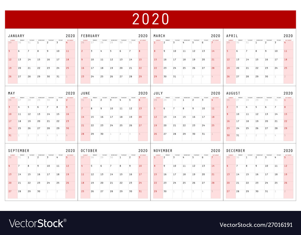 Red 2020 Calendar - Simple Grid