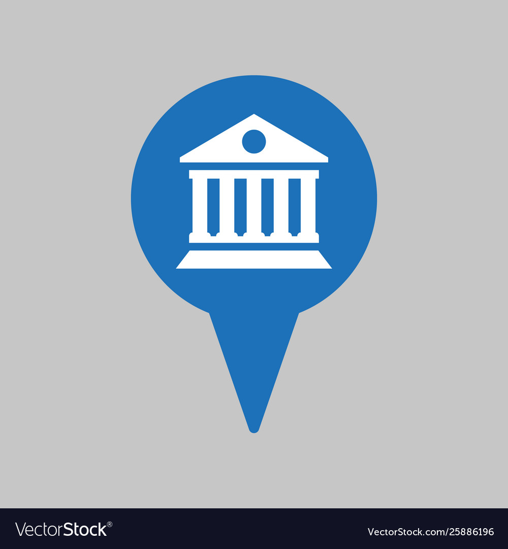 Map pointer with bank icon on grey background