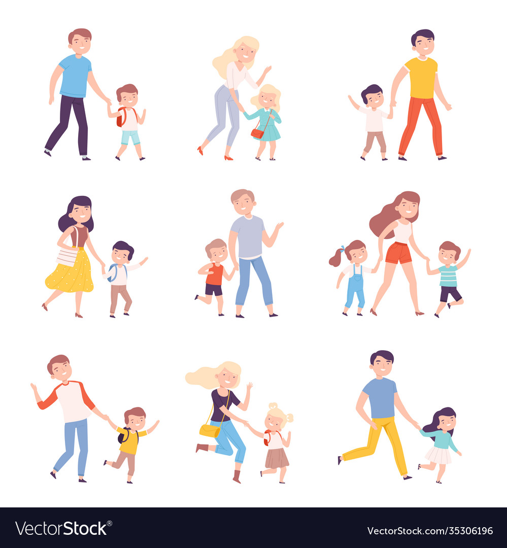 Parents accompanying their children to school or Vector Image