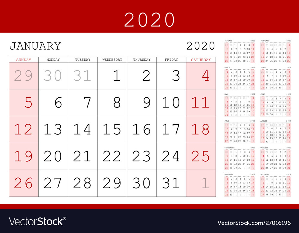 Red calendar 2020 basic grid simple design vector image Red calendar 2020 basic grid simple design