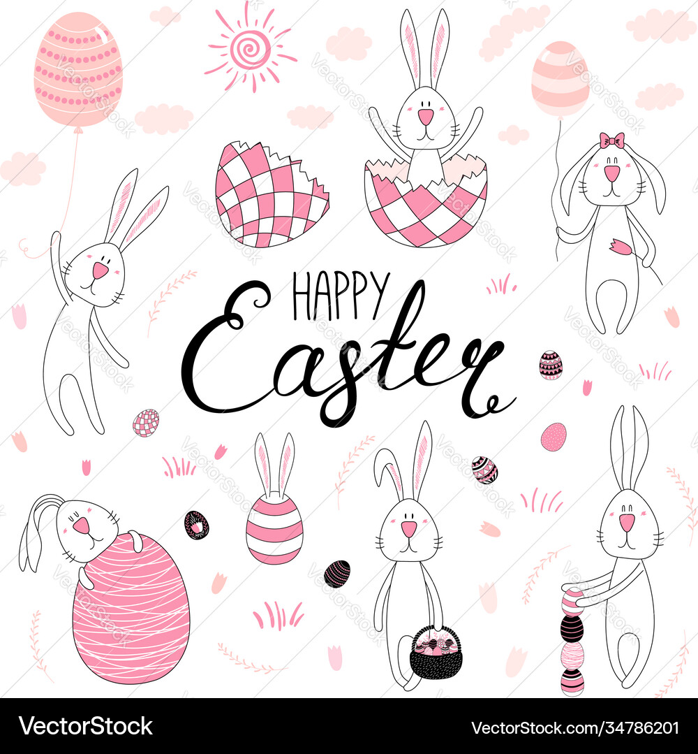 Cute easter bunnies collection Royalty Free Vector Image