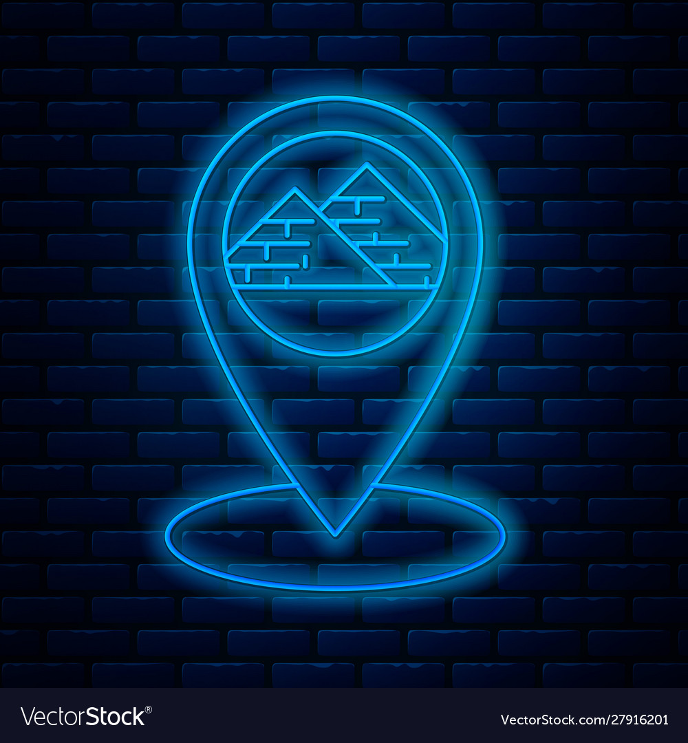 Glowing neon line map pointer with egypt pyramids vector image Glowing neon line map pointer with egypt pyramids