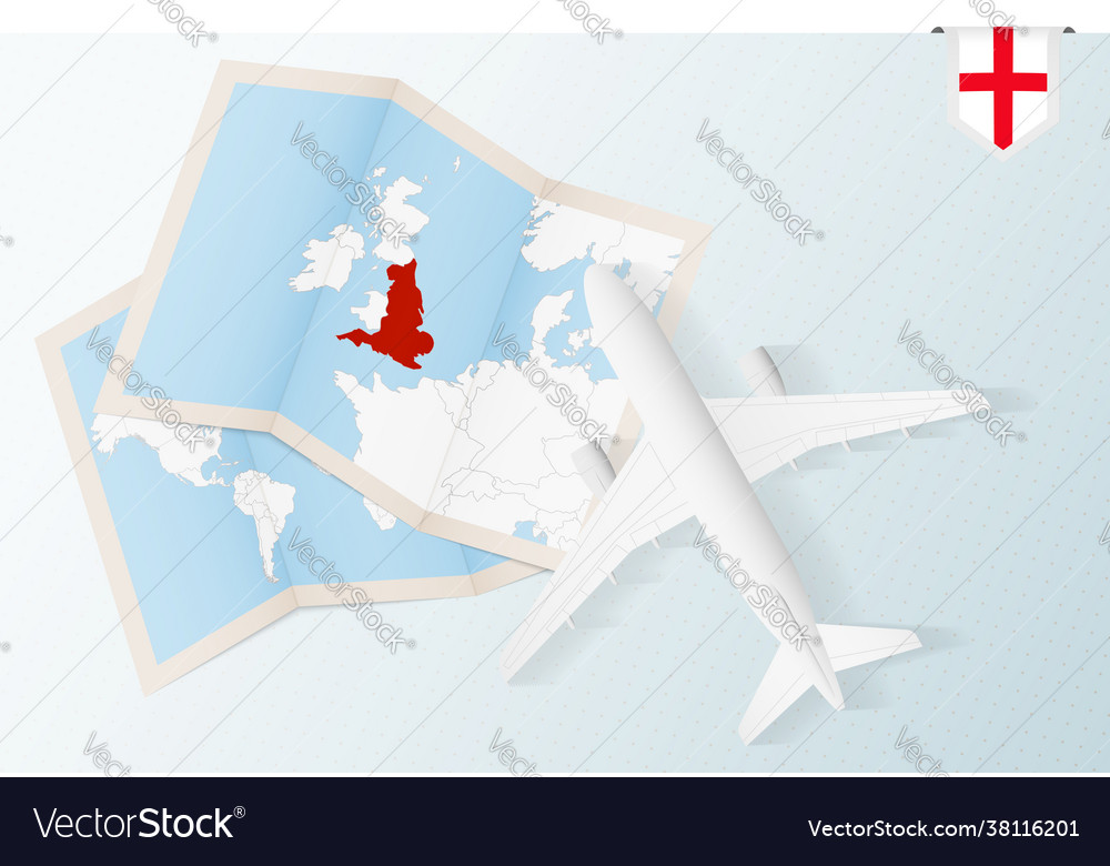 Travel to england top view airplane with map