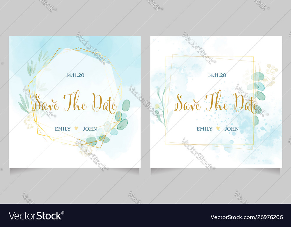 blue watercolor wedding invitation with golden watercolor wedding invitations