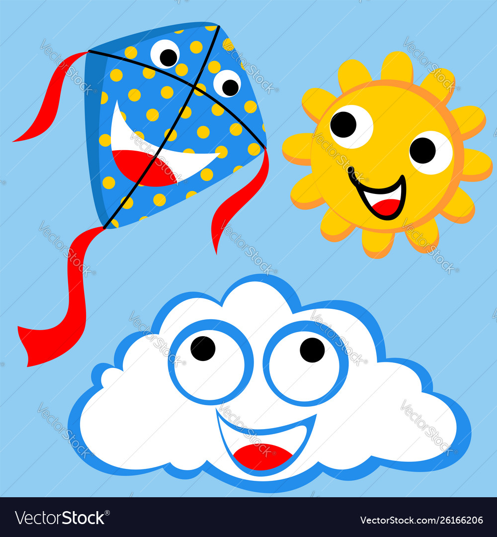 Funny cartoon happy times in sky with kite