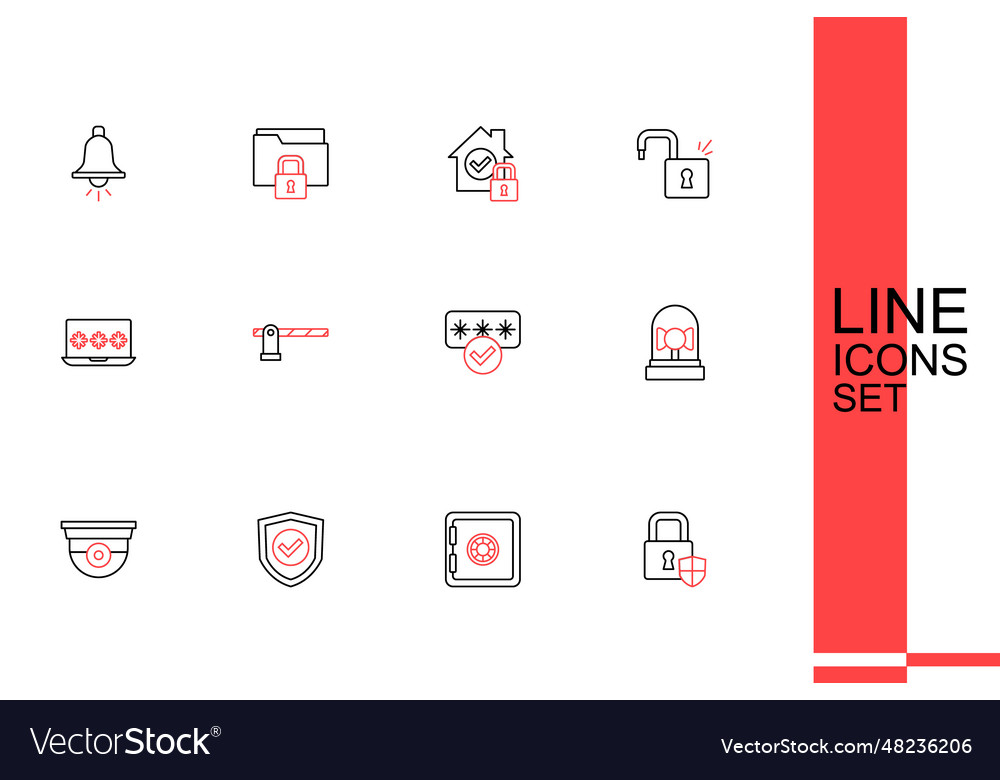 Set line shield security with lock safe check vector image Set line shield security with lock safe check
