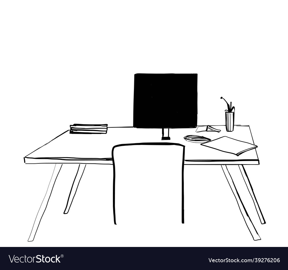 Sketch ink work table bookshelf Vector Image Sketch ink work table bookshelf