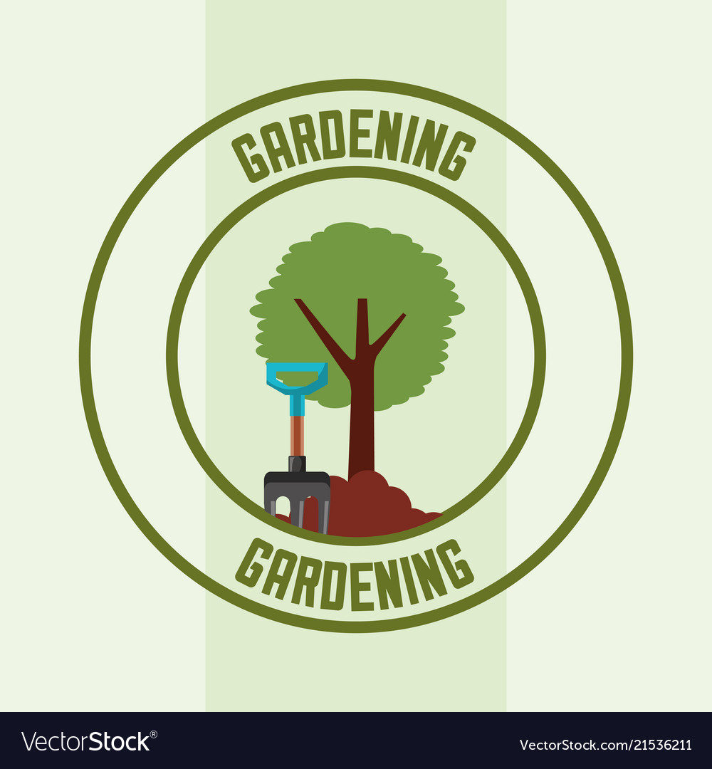 Tree and pitchfork tool label gardening image