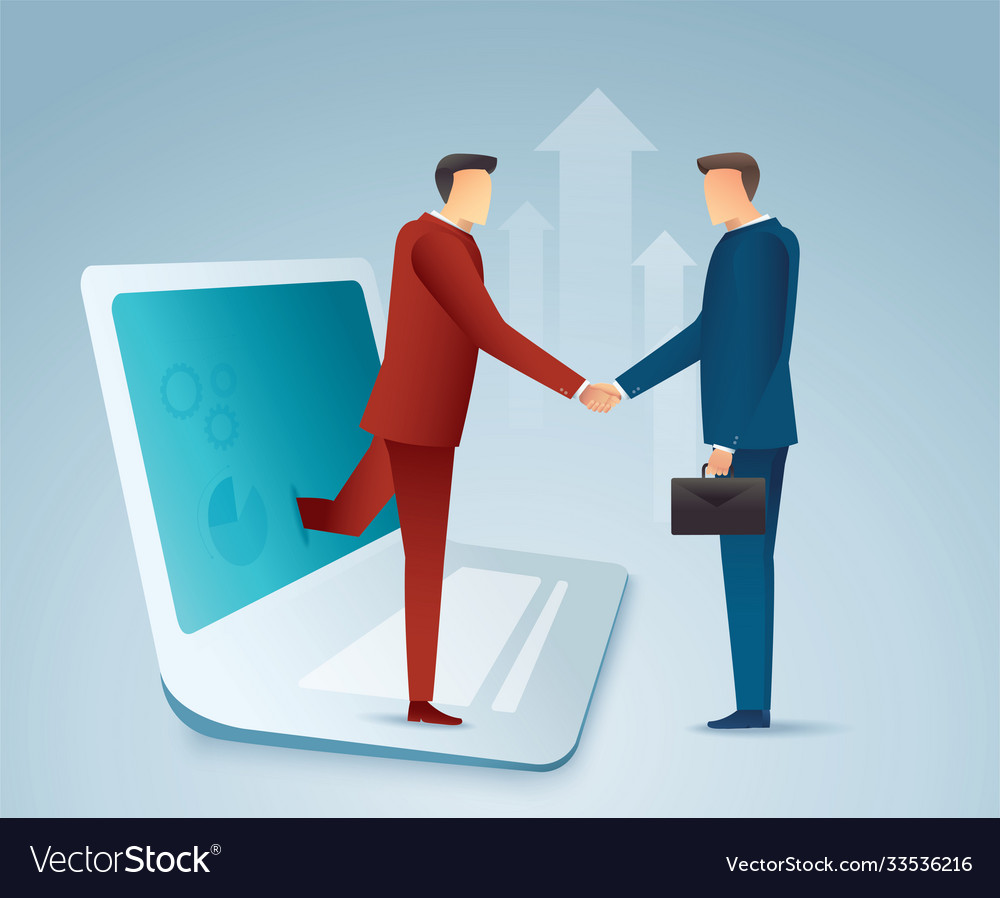 Business people shaking hands through laptop