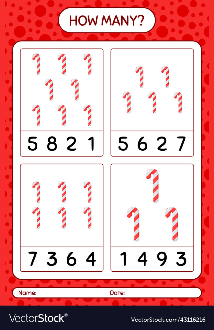 How many counting game with candy cane worksheet