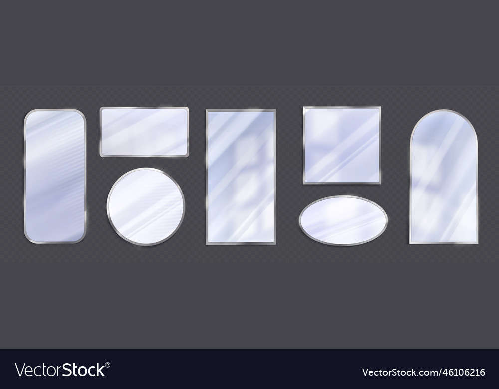 Realistic silver mirror with reflection set vector image Realistic silver mirror with reflection set