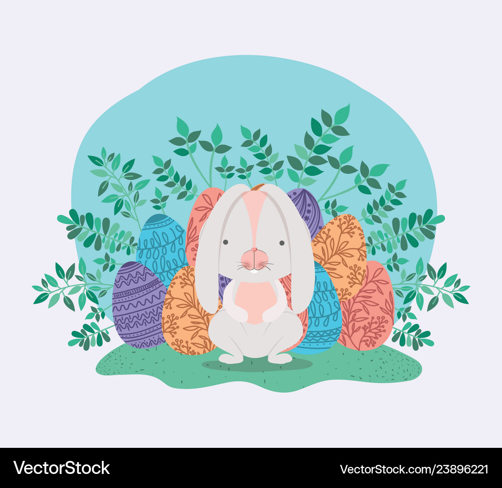 Cute rabbit with eggs painted and leafs Royalty Free Vector