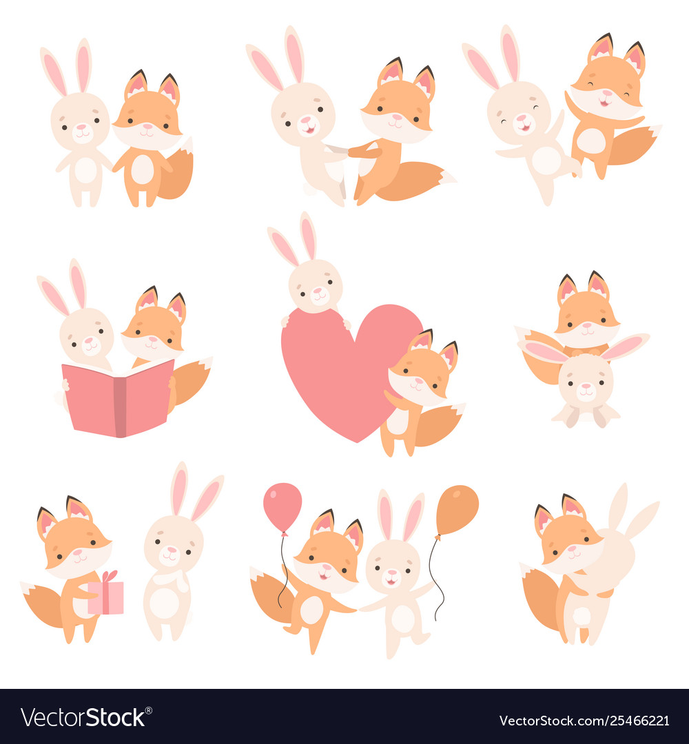 Lovely white little bunny and fox cub having fun Vector Image