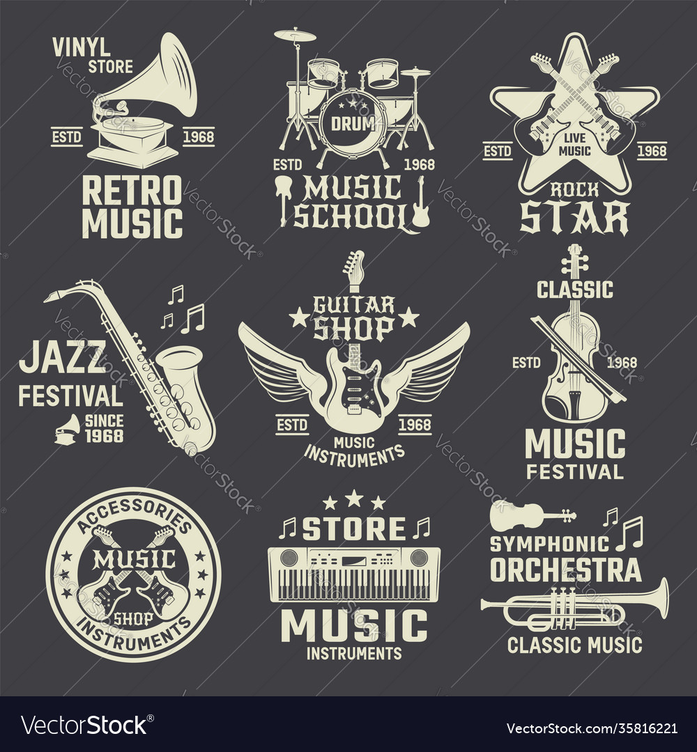 Music school and shops monochrome emblems