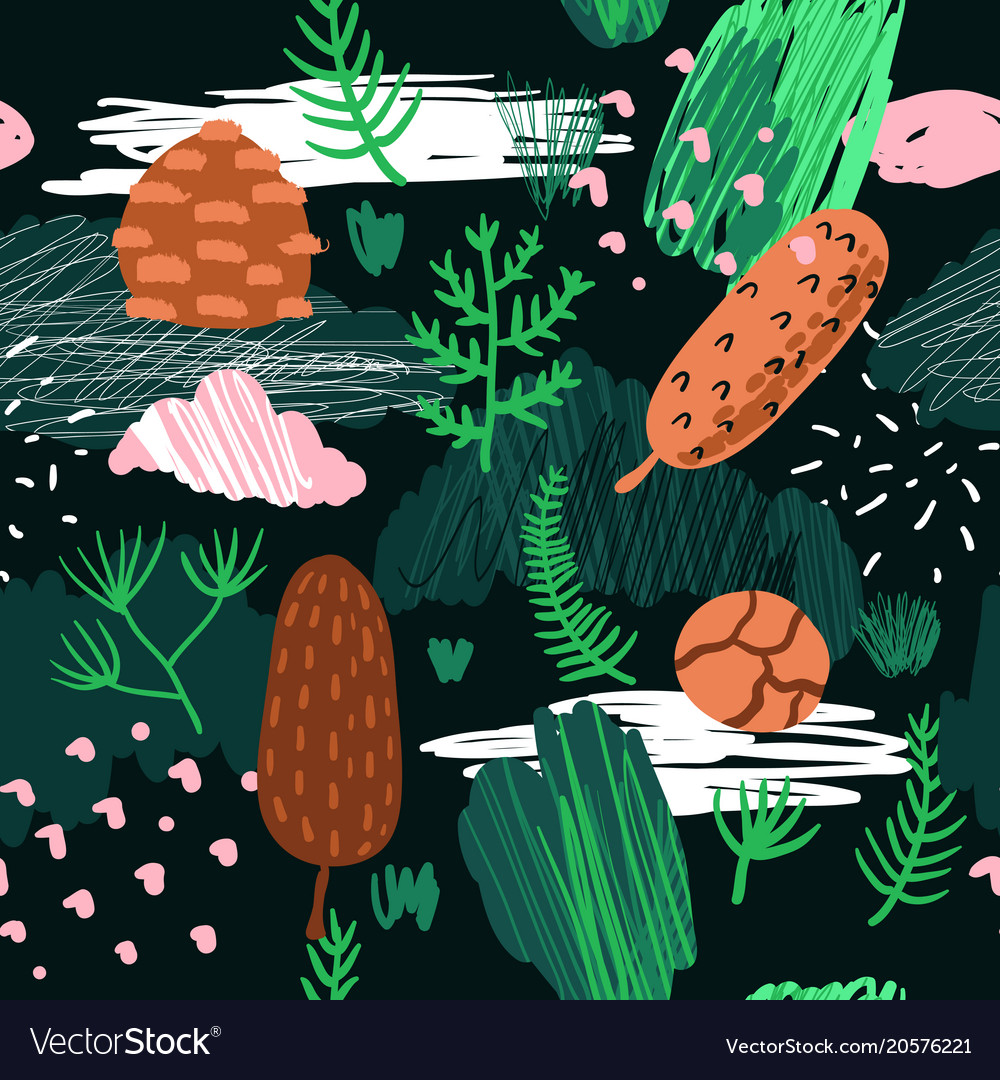 Seamless pattern with trees branches fir cones