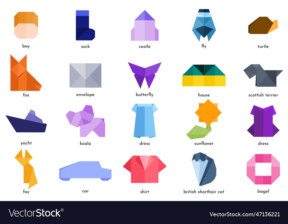 Set of origami with various objects