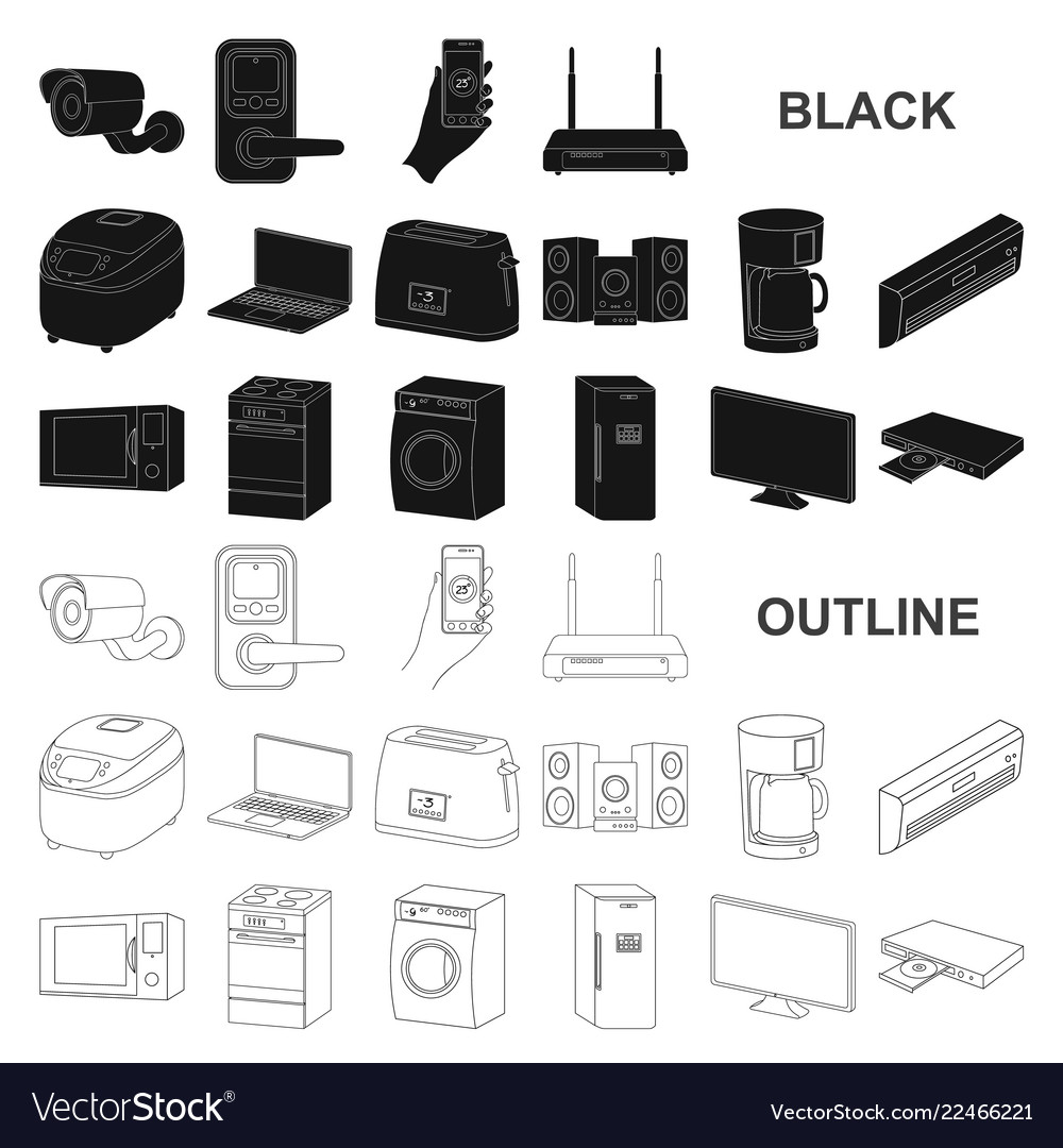 Smart home appliances black icons in set