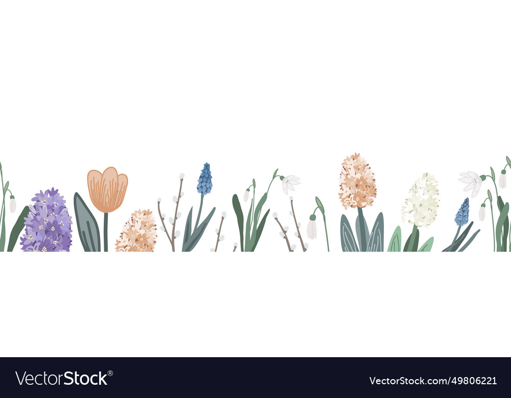 Spring seamless border with various flowers Vector Image