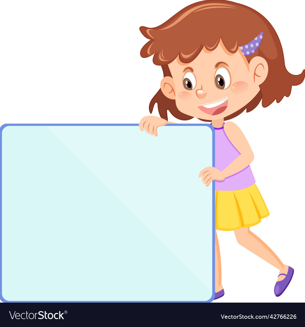 Cute Girl Holding Blank Board In Cartoon Style Vector Image