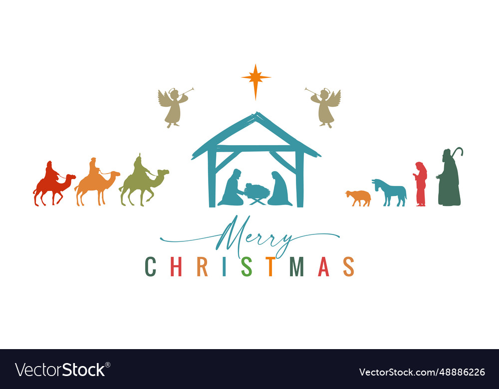 Merry christmas mary joseph jesus in manger Vector Image