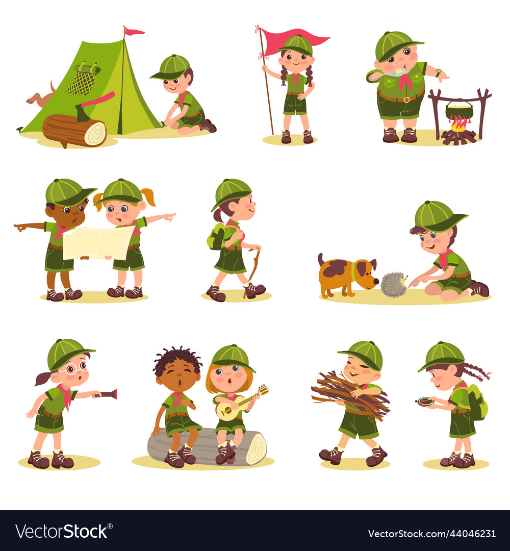 Cute kids scouts children in touristic clothes Vector Image