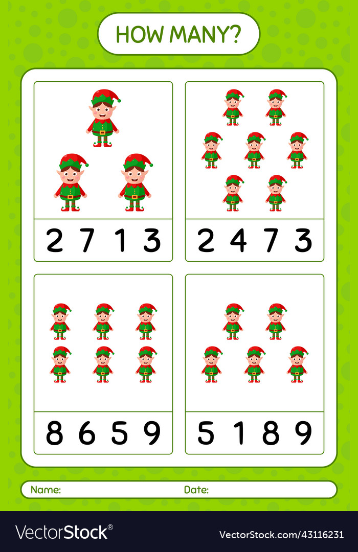 How many counting game with elf worksheet Vector Image How many counting game with elf worksheet