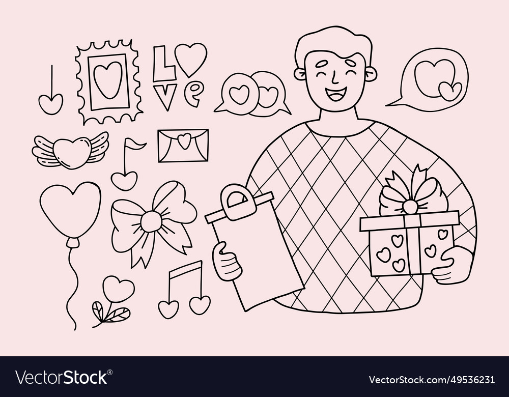 Love doodles cute man with gift heart symbols