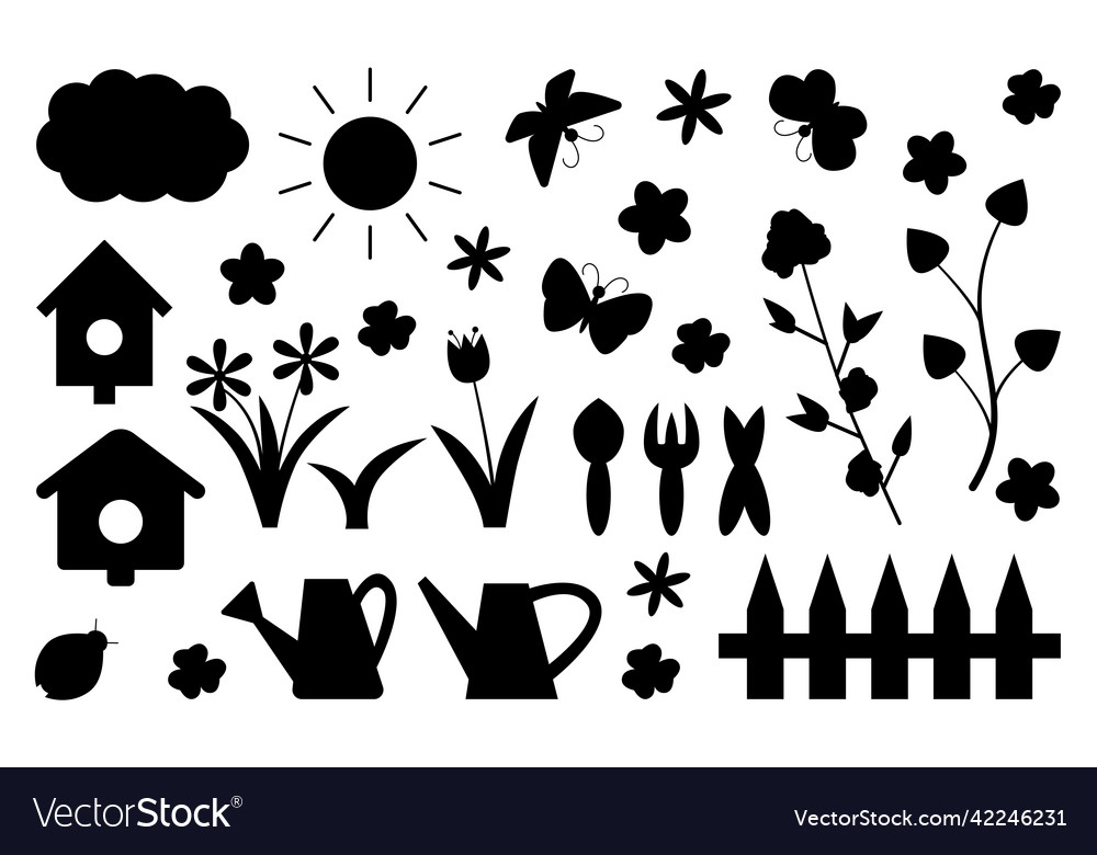 Spring summer silhouette black garden flat set Vector Image