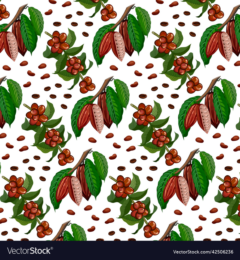 Branches of coffee and cocoa in a pattern vector image Branches of coffee and cocoa in a pattern
