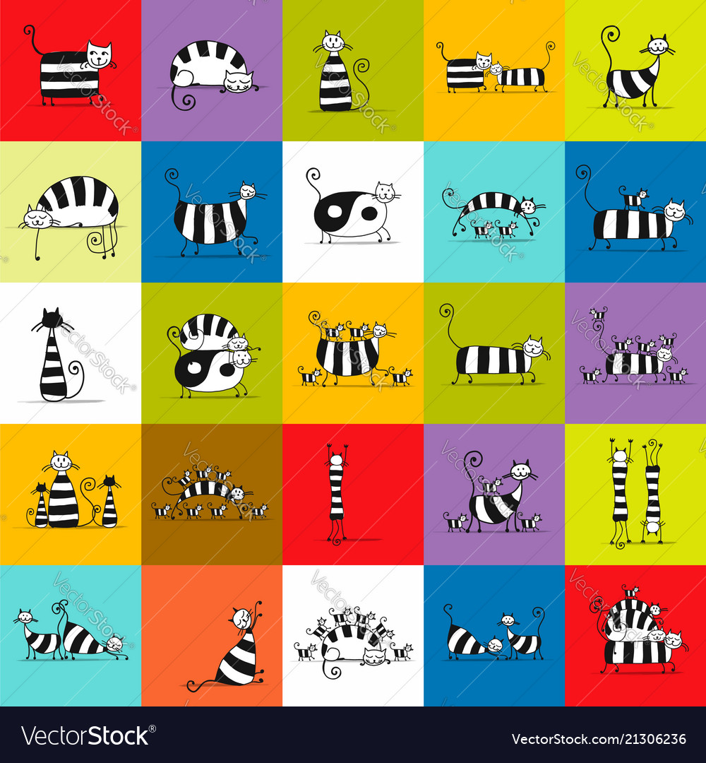 Cute striped cats family seamless pattern