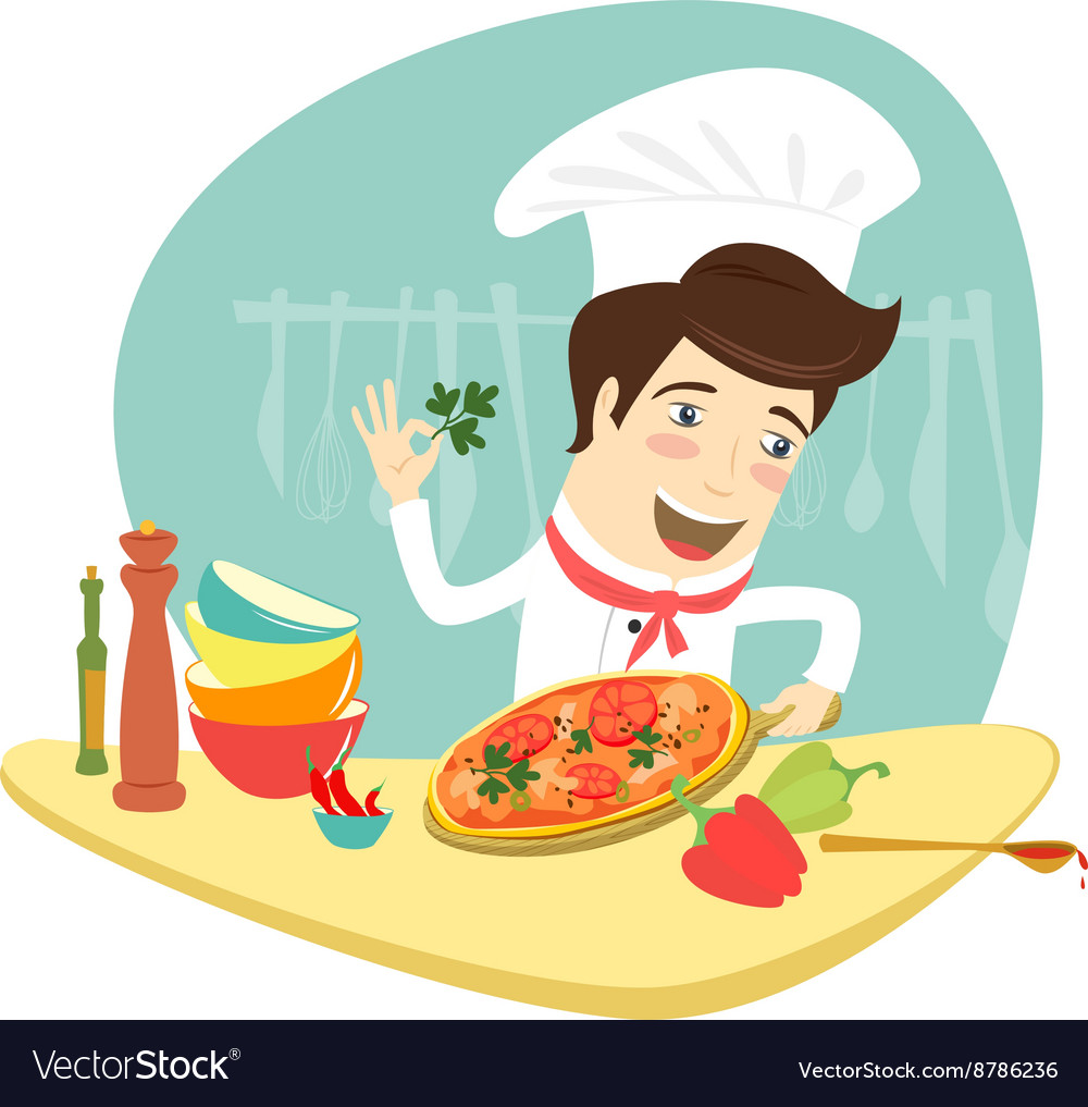 Funny Chef Decorating Pizza Dish In The Kitchen Vector Image