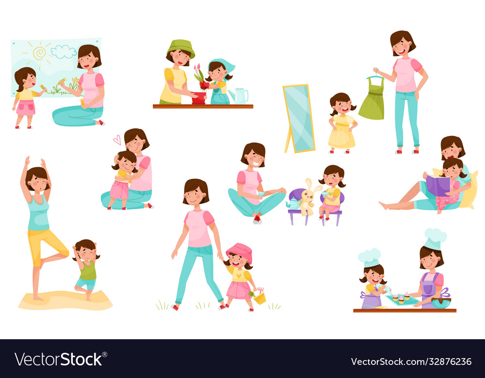 Mom and daughter doing yoga baking reading book Vector Image