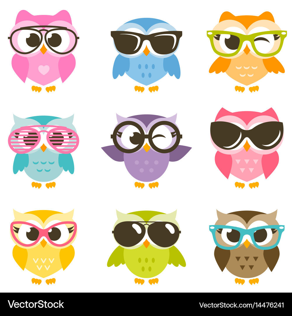 Set colorful owls with sunglasses Royalty Free Vector Image