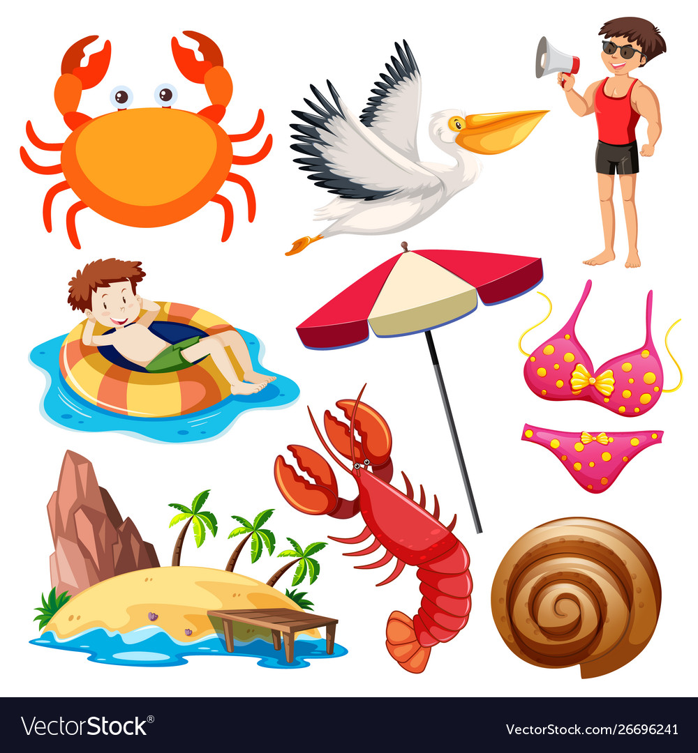 Set isolated objects and people on beach vector image Set isolated objects and people on beach