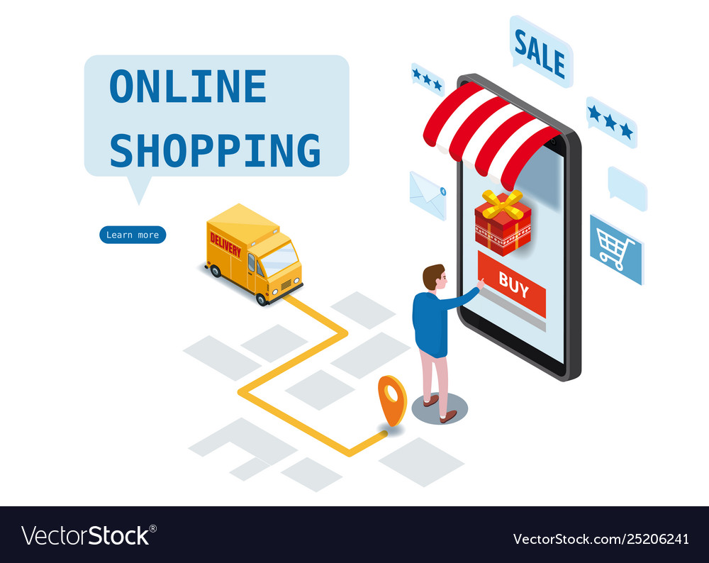 Shopping online isometric design express delivery vector image Shopping online isometric design express delivery