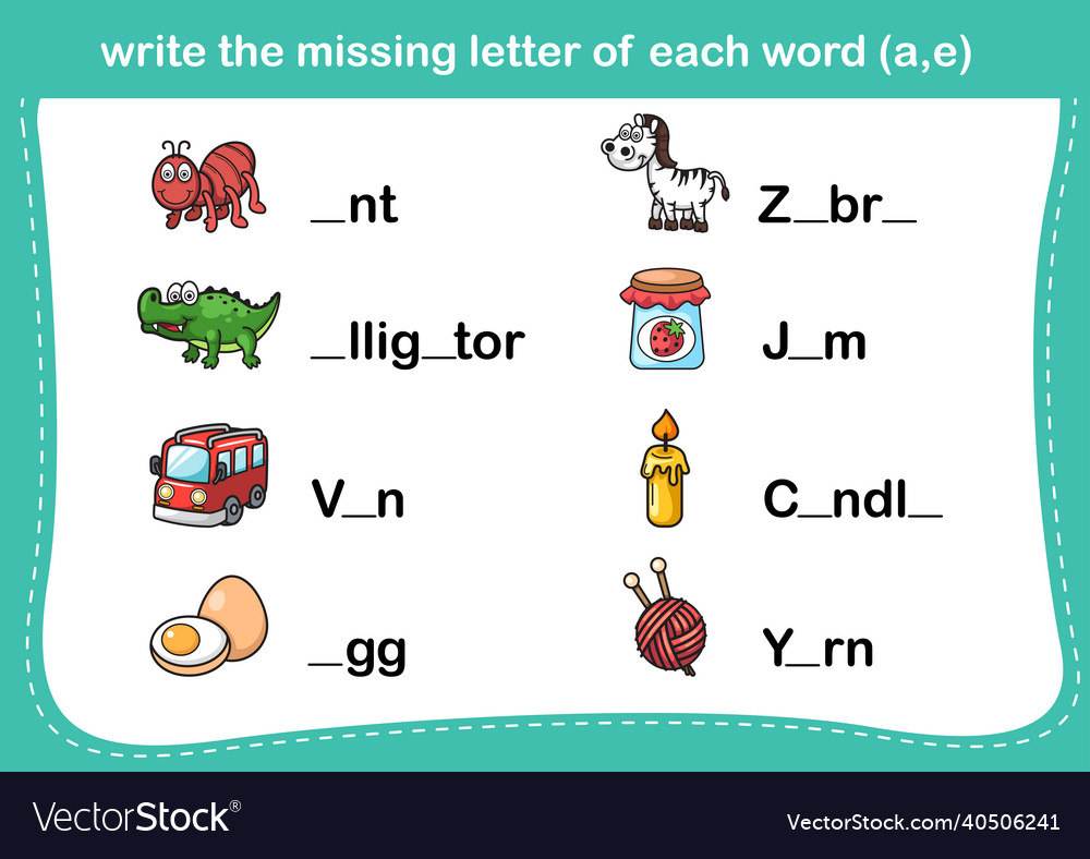 Write the missing letter of each wordae vector image Write the missing letter of each wordae