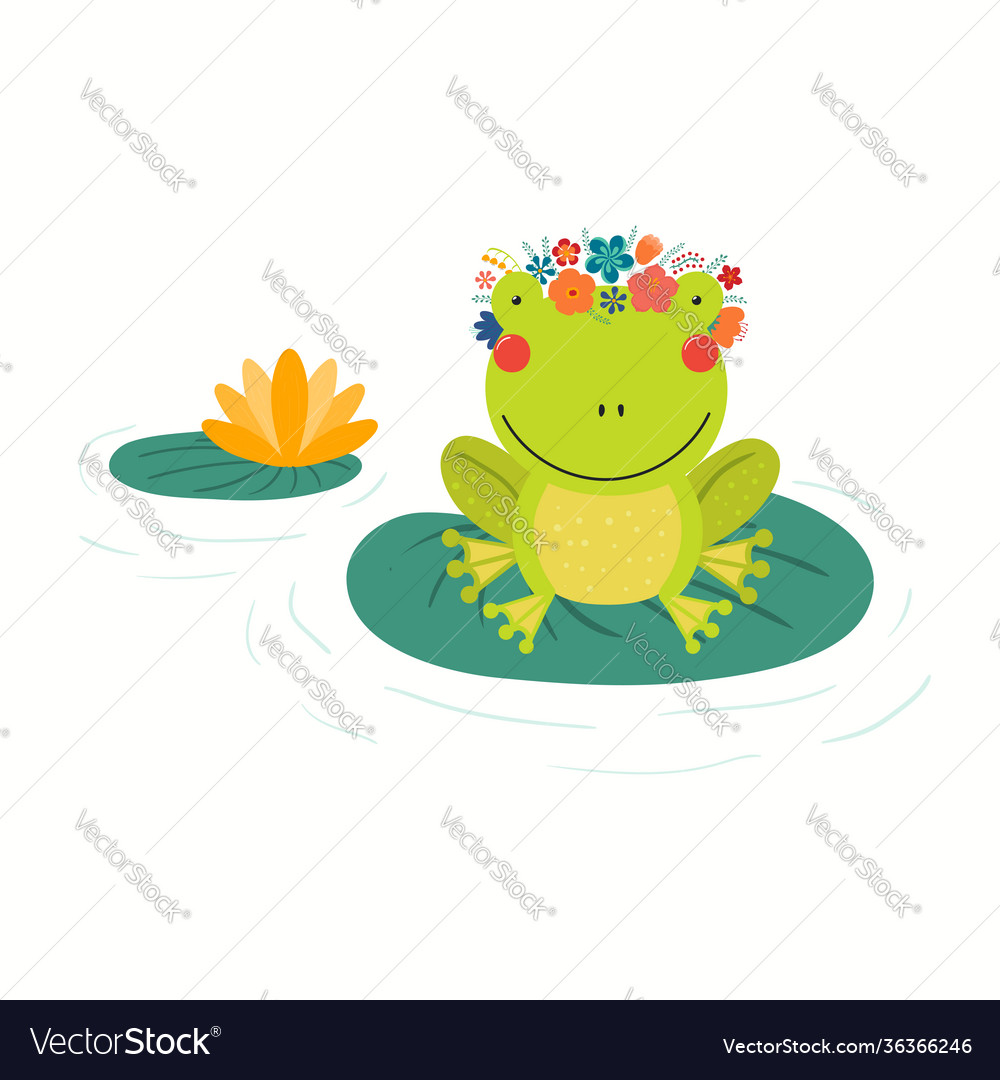 Cute funny frog in flower wreath sitting on leaf Vector Image