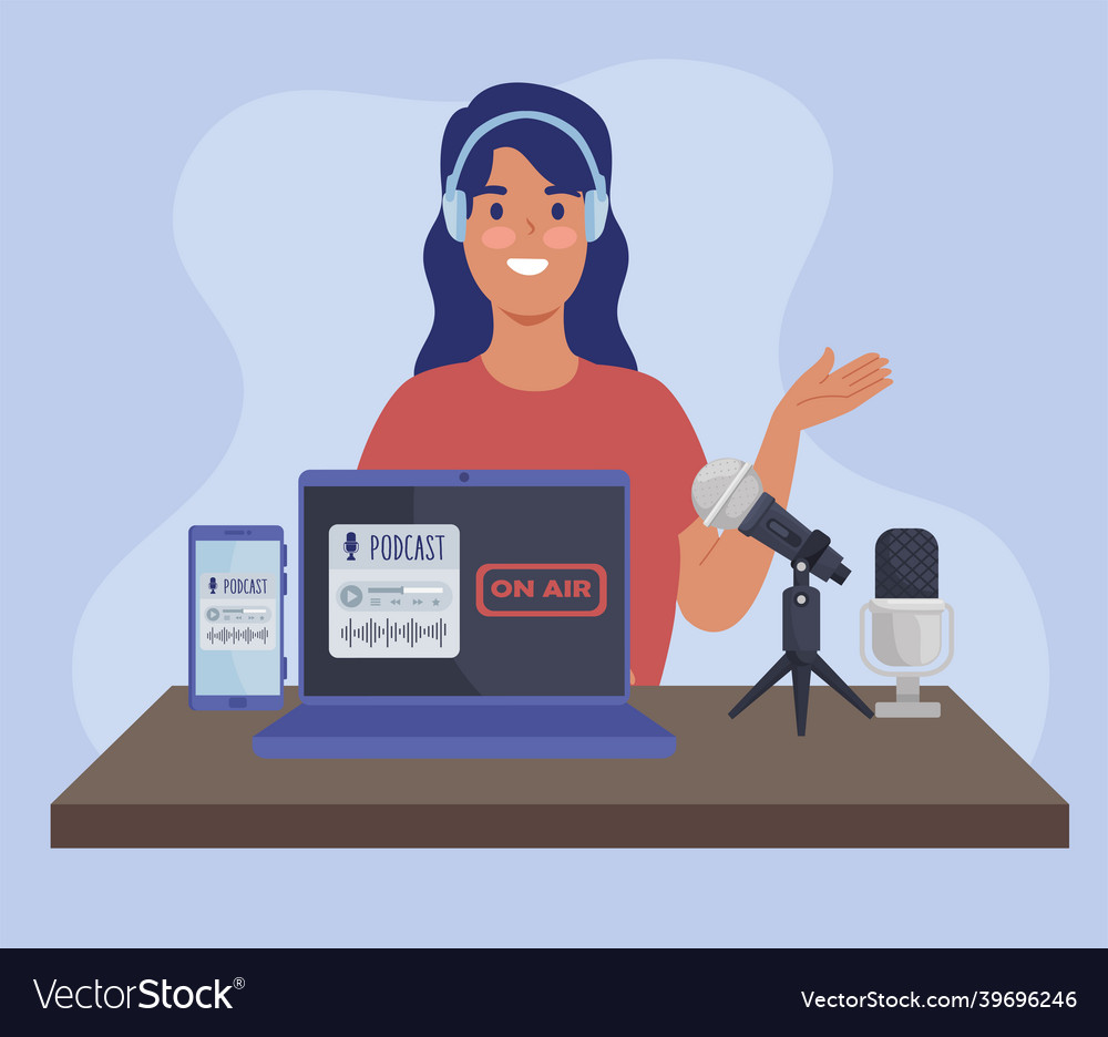 Female podcaster in workplace Royalty Free Vector Image