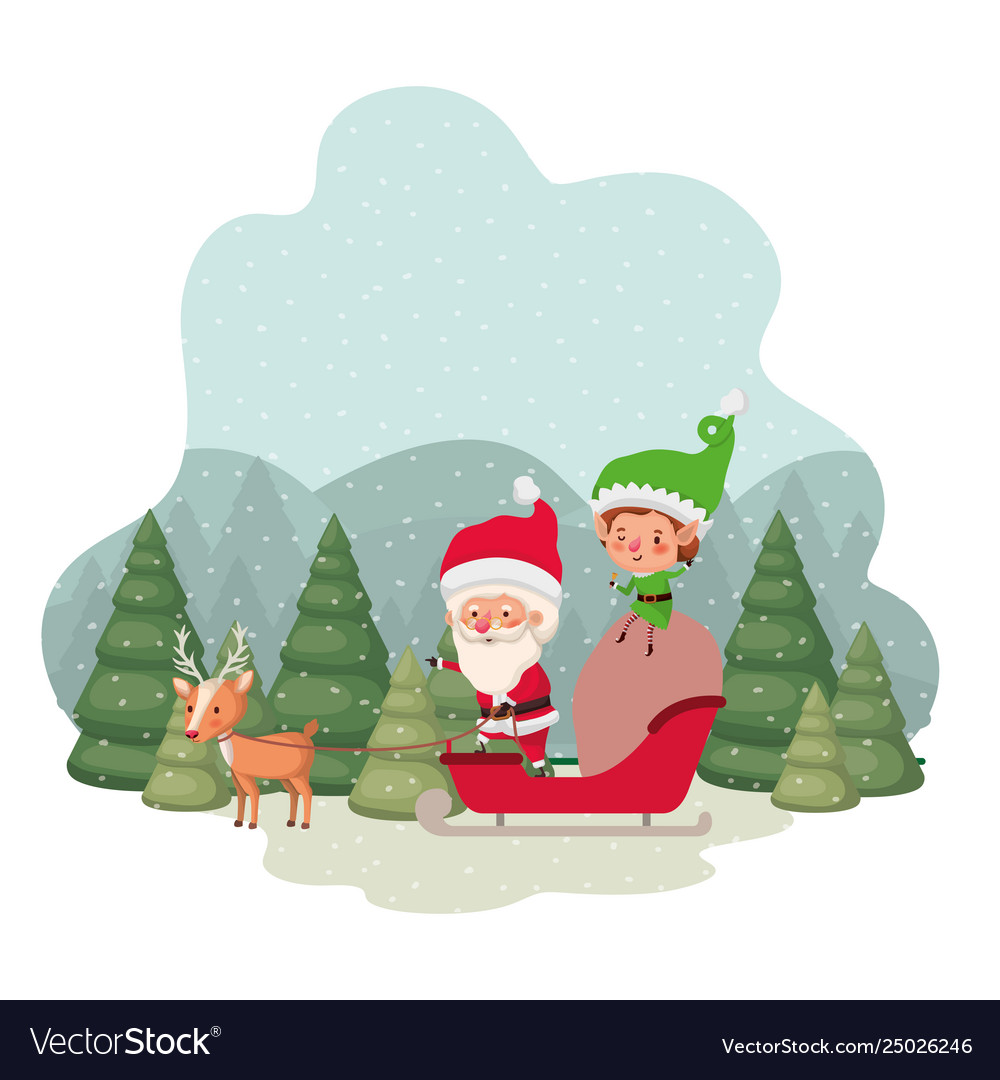 Santa claus with elves in sleigh and christmas Vector Image