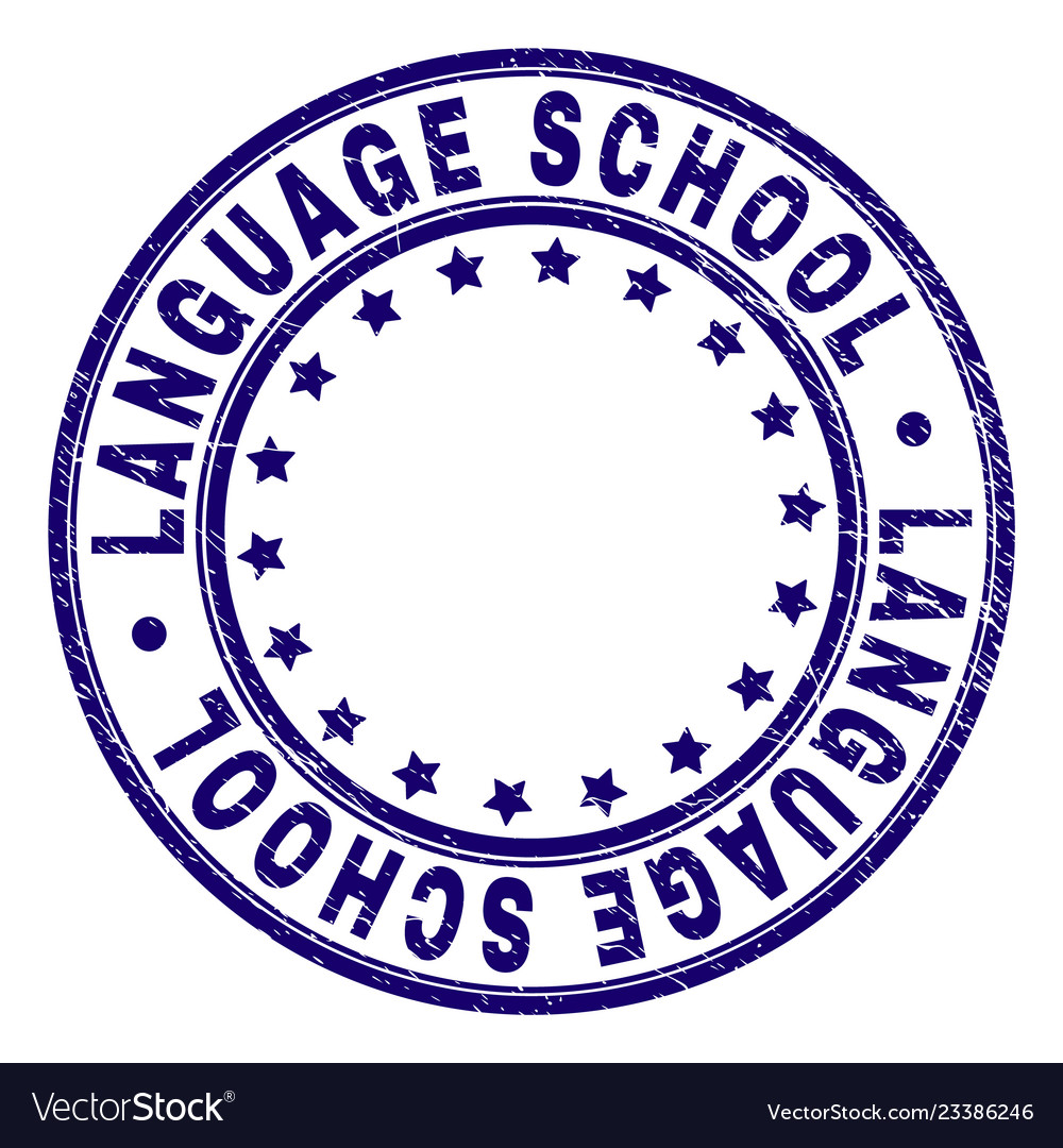 Scratched textured language school round stamp Vector Image