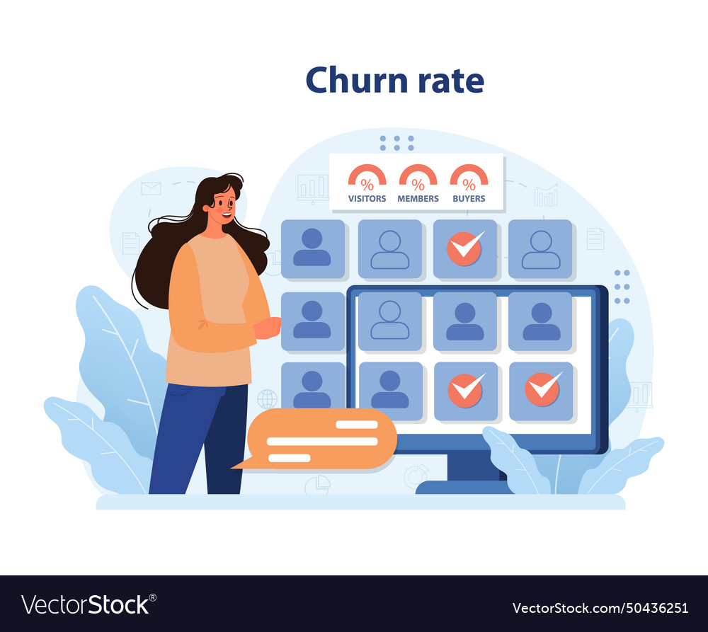 Churn rate analytics showcased flat Royalty Free Vector