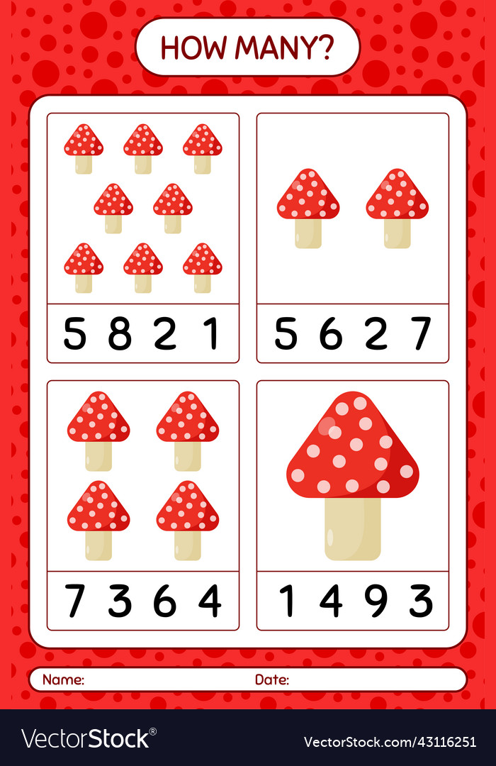 How many counting game with mushroom worksheet Vector Image How many counting game with mushroom worksheet