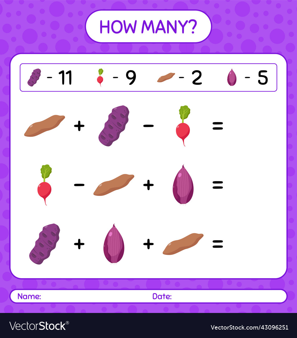 How many counting game with vegetables worksheet vector image How many counting game with vegetables worksheet