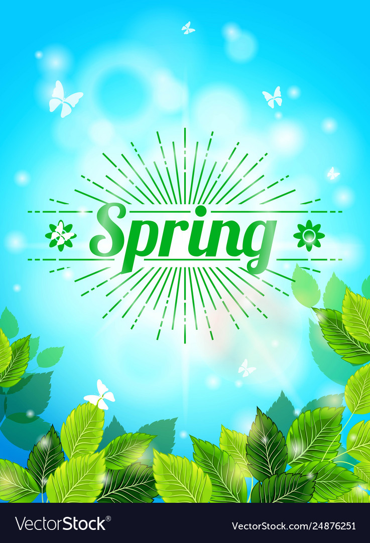 Realistic spring background blue sky green leaves