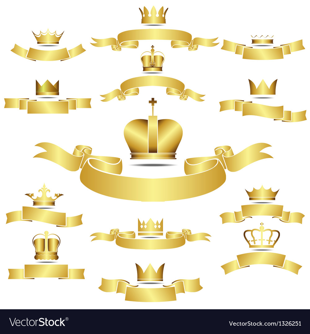 Set of golden crown with curves banner Royalty Free Vector