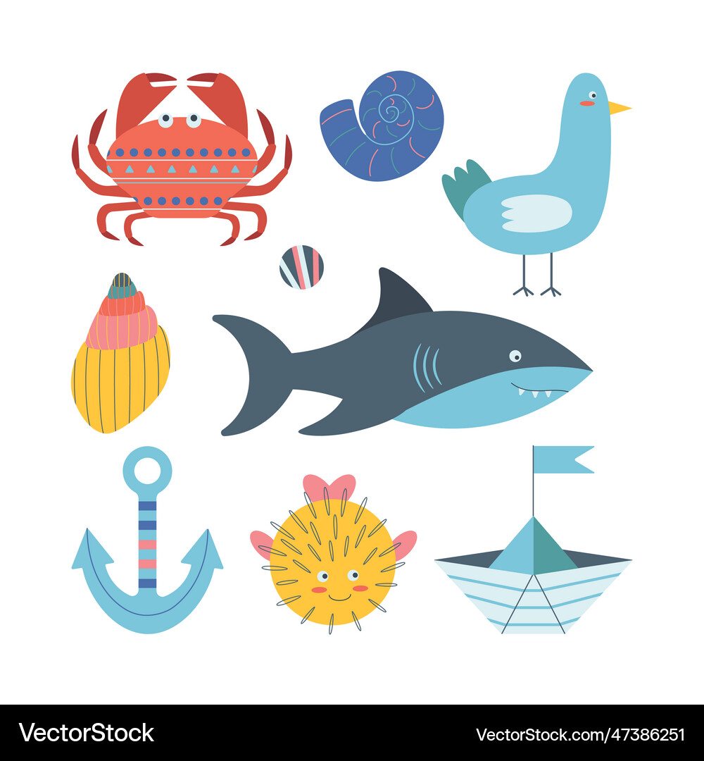 Set of marine elements fish anchor shark shells Vector Image