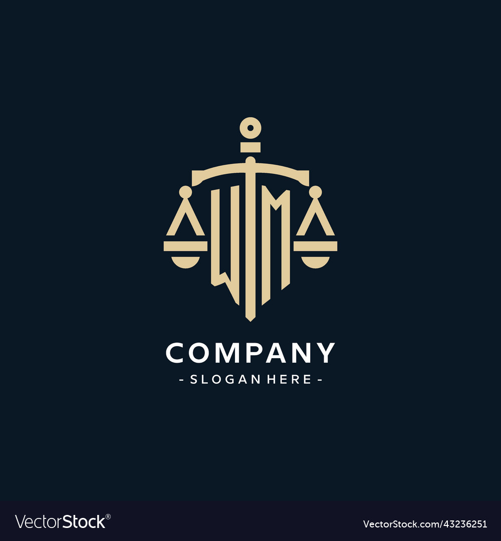 Wm initial logo with scale of justice and shield