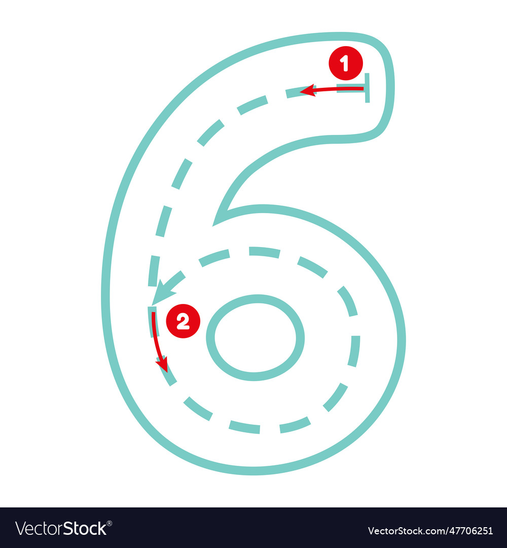 Write number six with tracing guide outline vector image Write number six with tracing guide outline